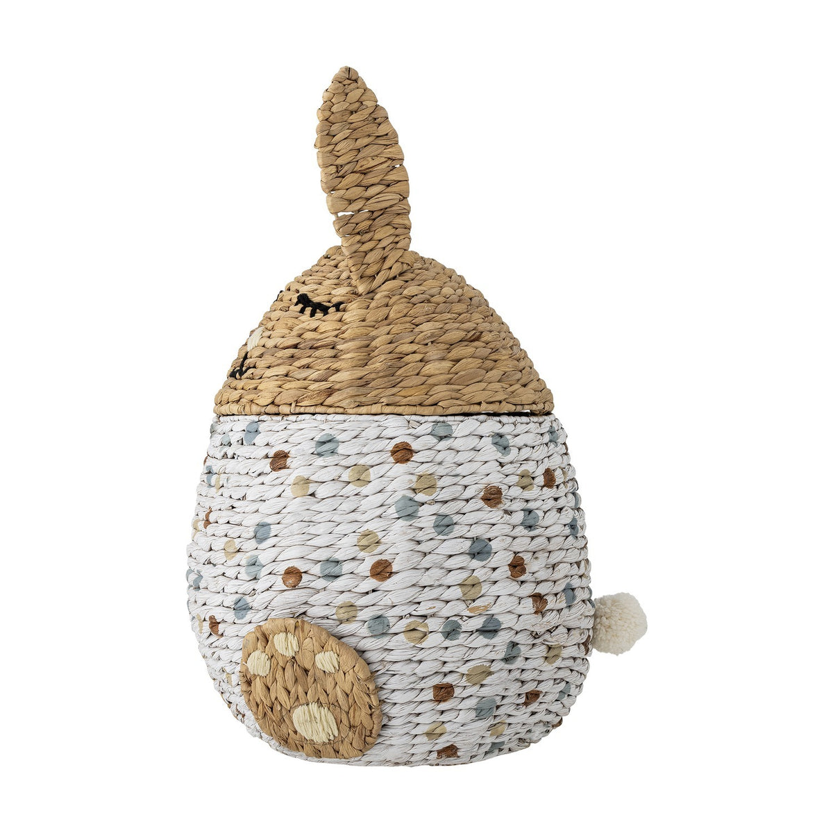 Villja Rabbit Water Hyacinth Basket with Lid in multicoloured, egg-shaped with braided rabbit head lid, upright ear, stitched eyes, paw detail and pompom tail, on a white background.