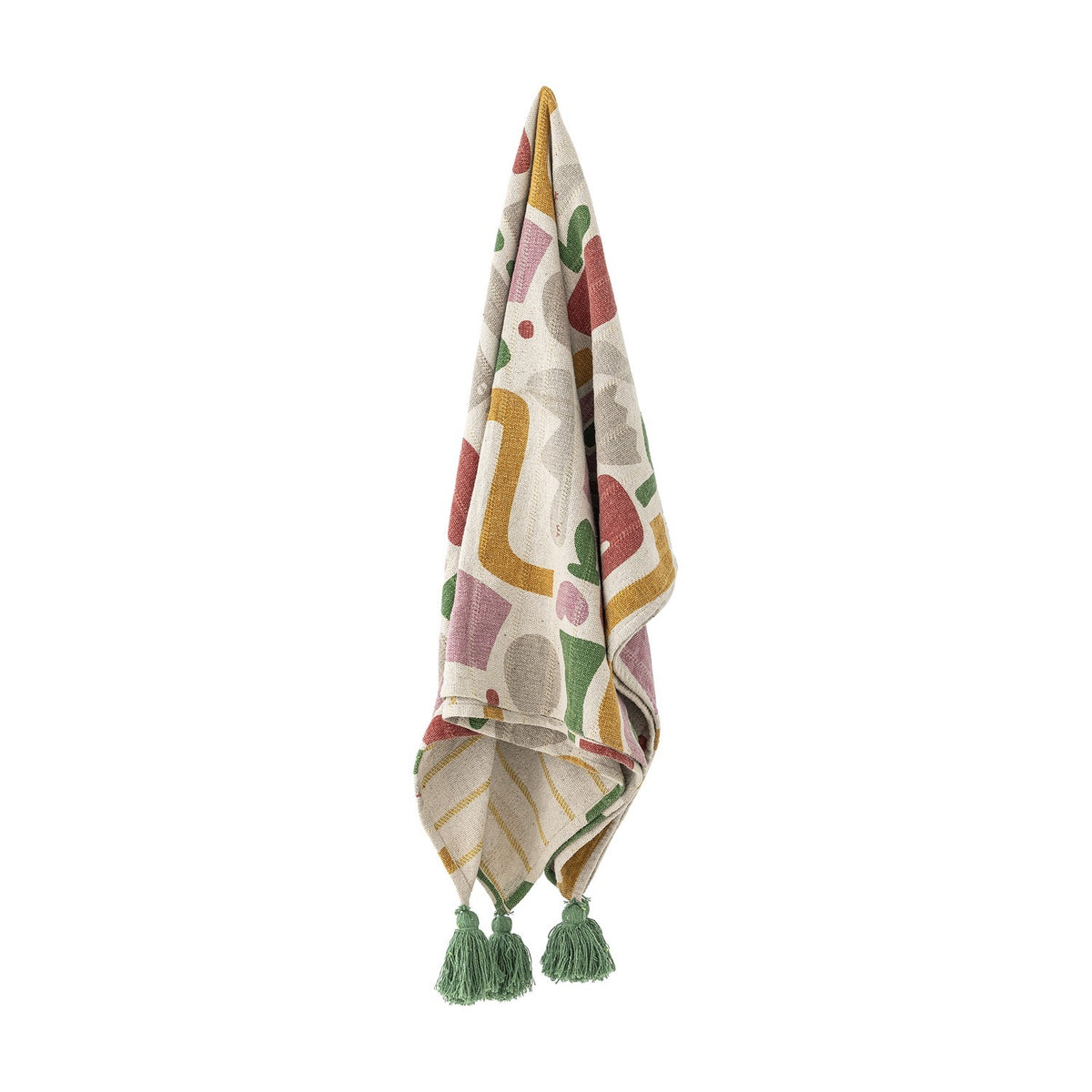 Filur Cotton Throw in multicoloured abstract print with green tassel corners, shown draped against a plain white background.