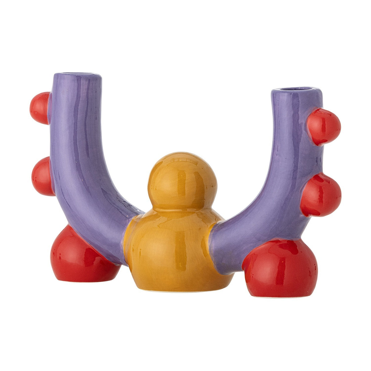 Edivia Stoneware Candle Holder in purple, yellow, and red, with two U-shaped arms topped by open candle cups, ball accents, and a round centre figure, shown on a white background.