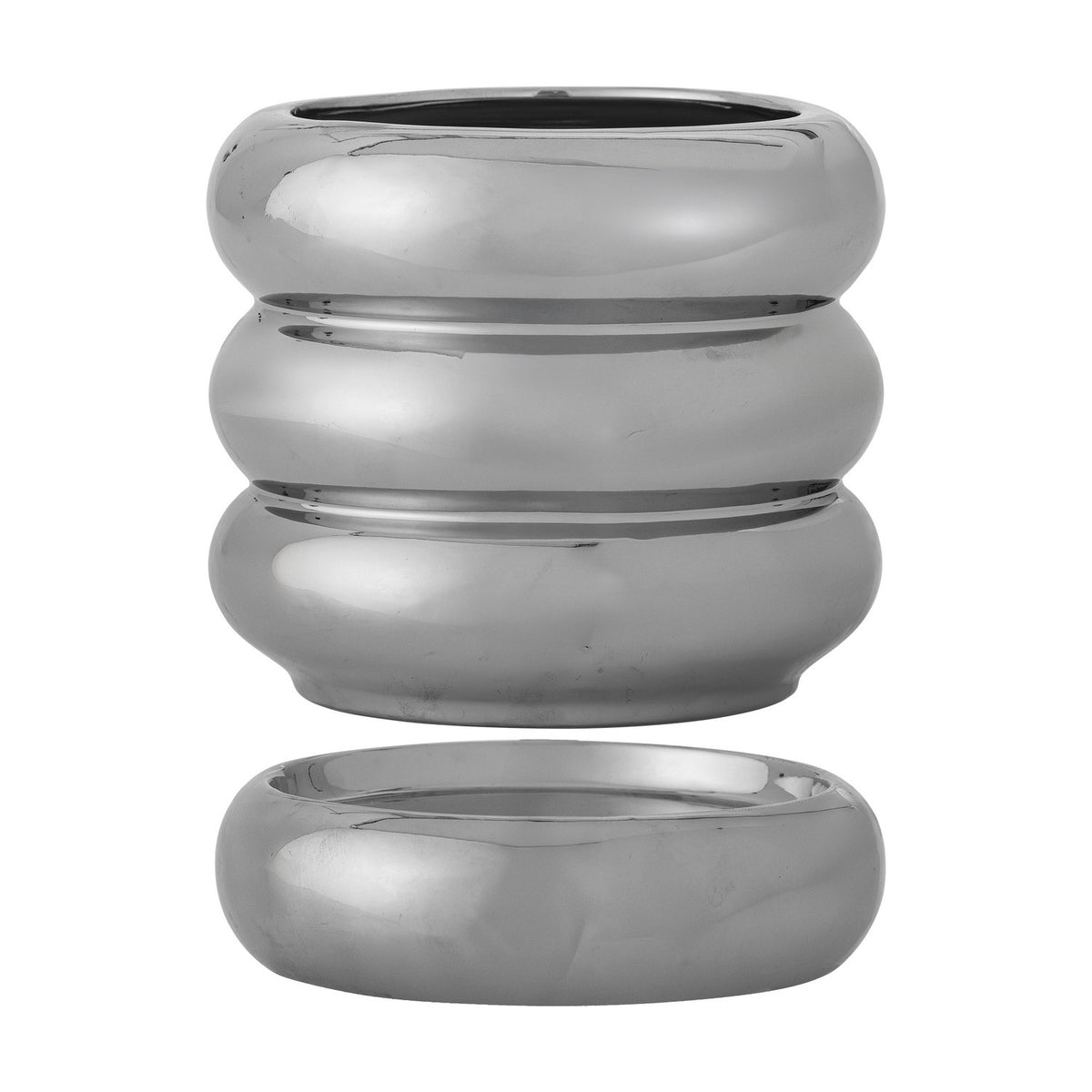 Shine Stoneware Plant Pot with Saucer in silver, round ceramic planter with three stacked rounded rings and a matching plump-profile saucer, shown separately on a plain white background.