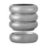 Shine Stoneware Plant Pot with Saucer in silver, round ceramic planter with three stacked rounded rings and a matching plump-profile saucer, shown separately on a plain white background.