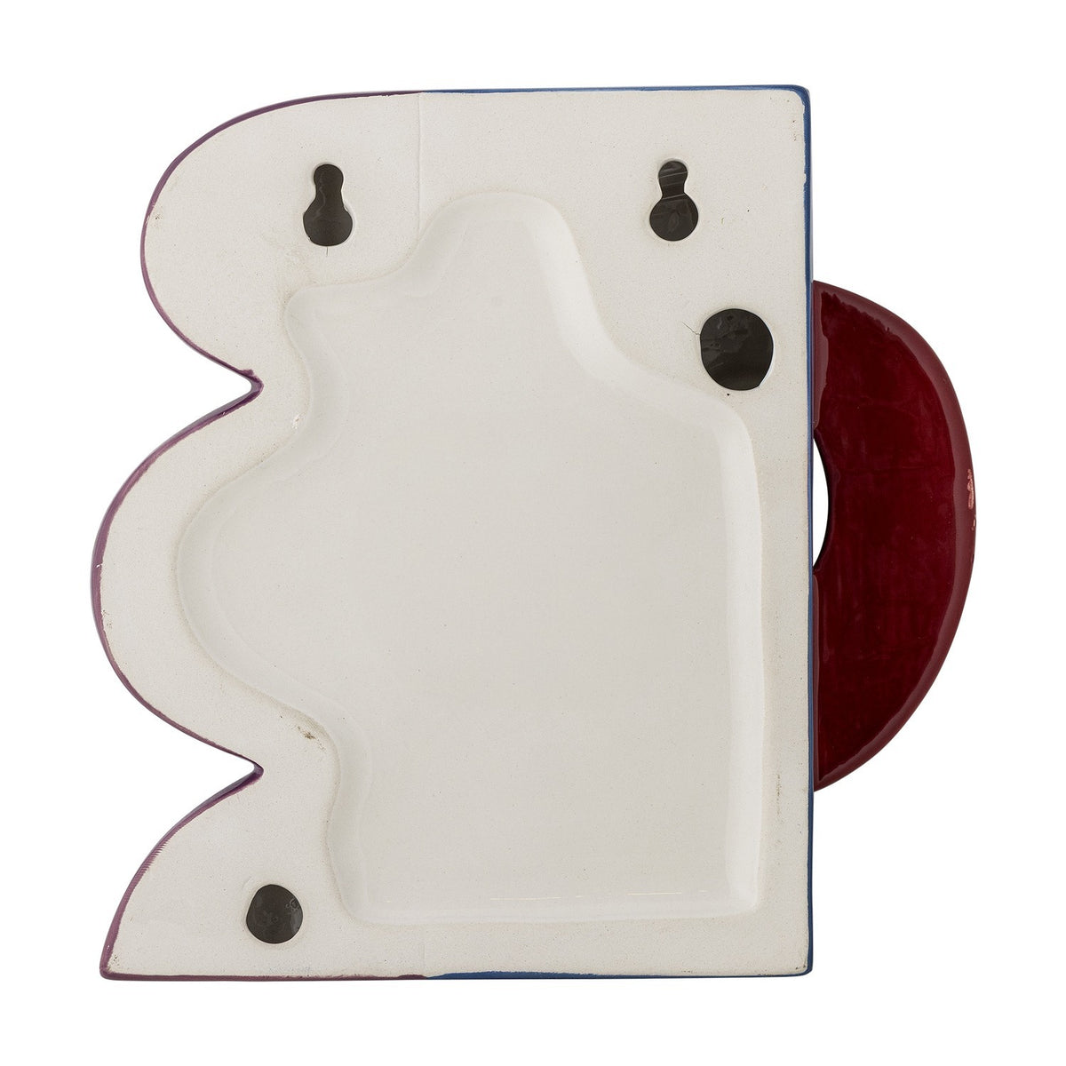 Back view of Polivia ceramic wall decor showing wavy-edged white panel with mounting holes and a dark red arc shape, on a plain white background.