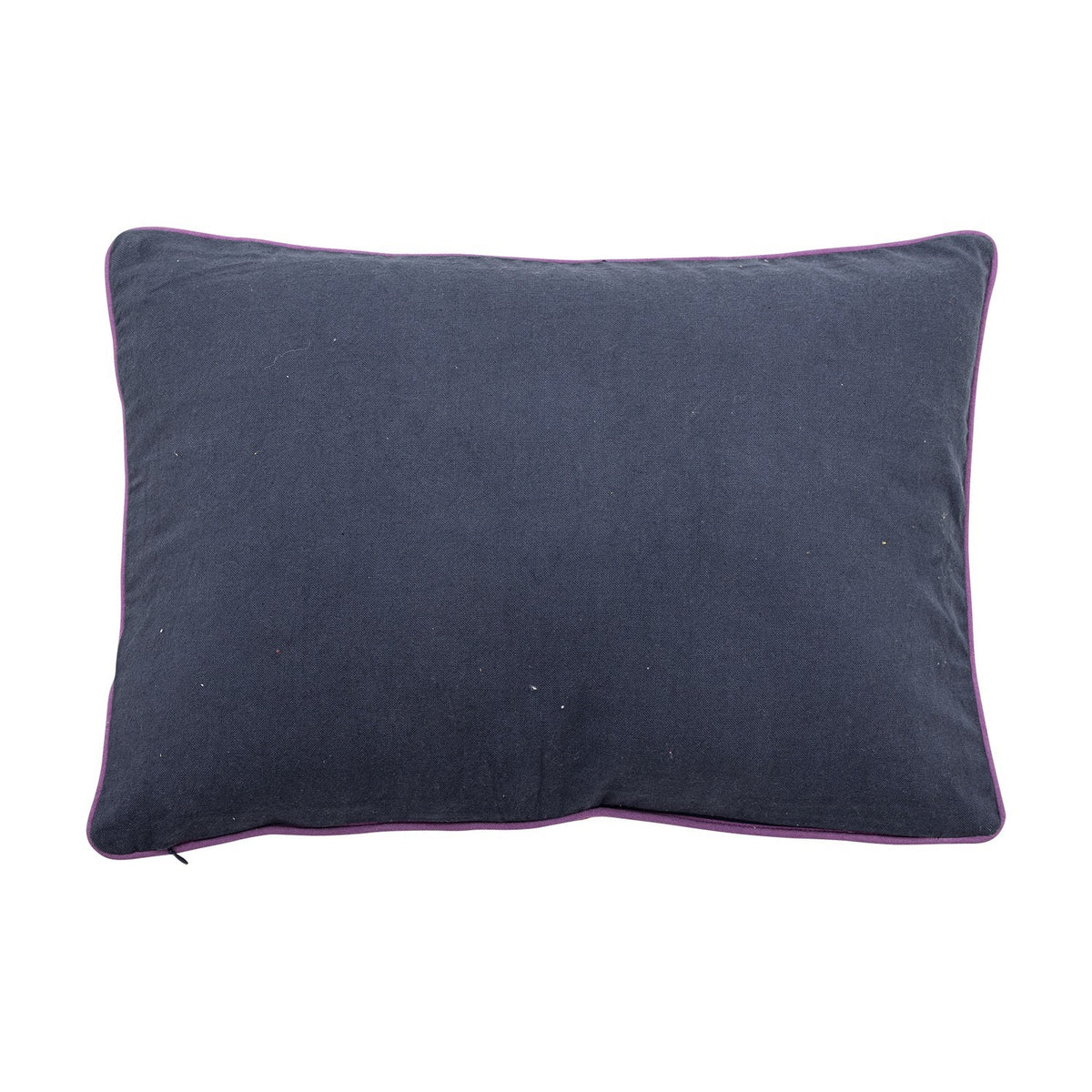 Polivia Cotton Cushion in navy with contrast purple piping shown from the plain reverse side, rectangular cotton cover on a white background.