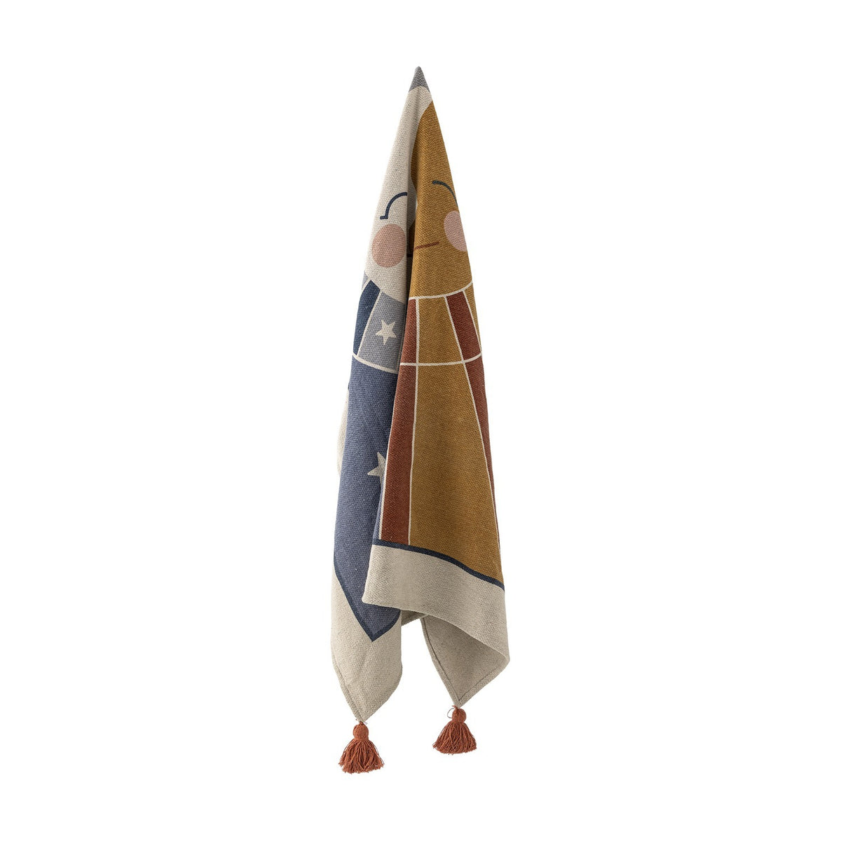 Sun Cotton Throw hanging vertically, woven cotton blend blanket in mustard and navy with a smiling sun face, stars, and rust tassels, shown against a plain white background.
