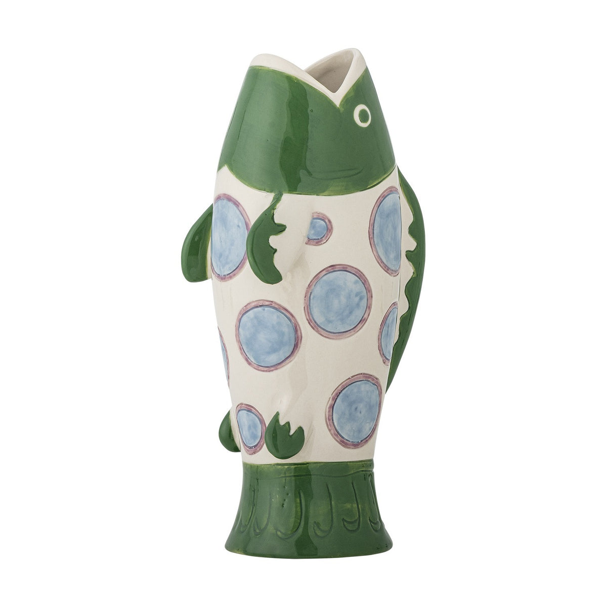 Irving Green Fish Stoneware Vase 22cm, hand-painted ceramic vase shaped like an upright fish with green glossy head, blue spotted body and flared tail base, on a white background.