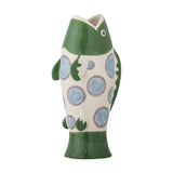 Irving Green Fish Stoneware Vase 22cm, hand-painted ceramic vase shaped like an upright fish with green glossy head, blue spotted body and flared tail base, on a white background.