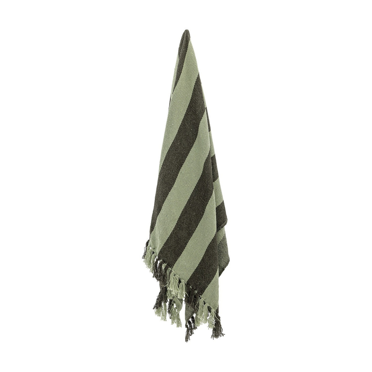 Frello Striped Cotton Throw in Green, hanging to show broad diagonal stripes and knotted tassel fringe, against a plain white background.