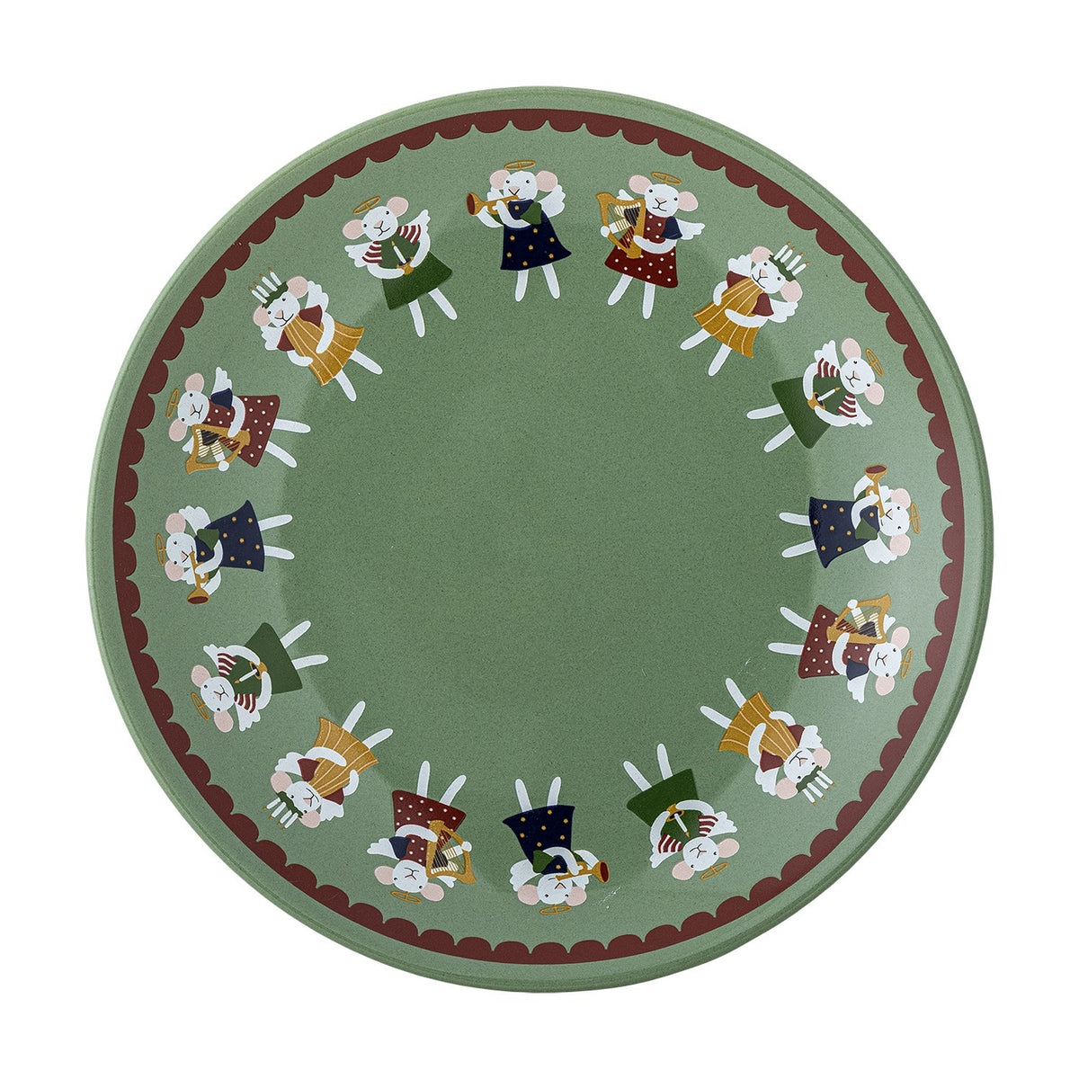 Round green stoneware plate from the Peo Christmas set, featuring a ring of winged angels playing trumpets and harps within a scalloped brown border, plain centre, on a white background.