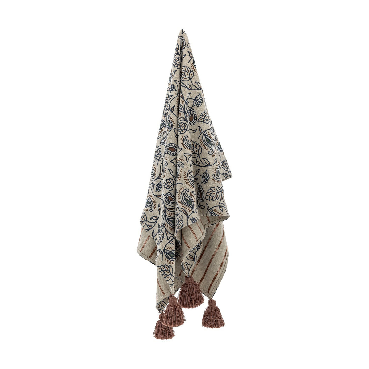 Paisley Floral Cotton Throw in multicoloured tones, shown draped and hanging with tasselled corners, floral front and striped reverse, against a plain white background.