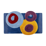 Polivia Geometric Ceramic Tray in multicoloured dolomite, rectangular with hand-painted overlapping circles in blue, red, yellow and purple, shown on a plain white background.