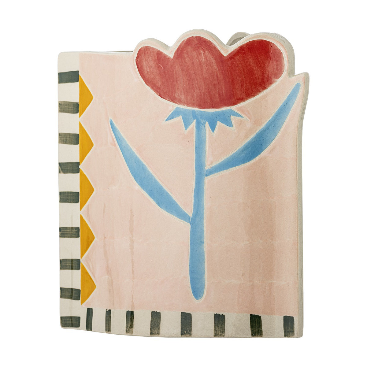 Vinia Floral Stoneware Vase 23cm in multicoloured ceramic, hand-painted with a red flower, blue stem and leaves, striped and triangle border, on a white background.