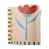 Vinia Floral Stoneware Vase 23cm in multicoloured ceramic, hand-painted with a red flower, blue stem and leaves, striped and triangle border, on a white background.