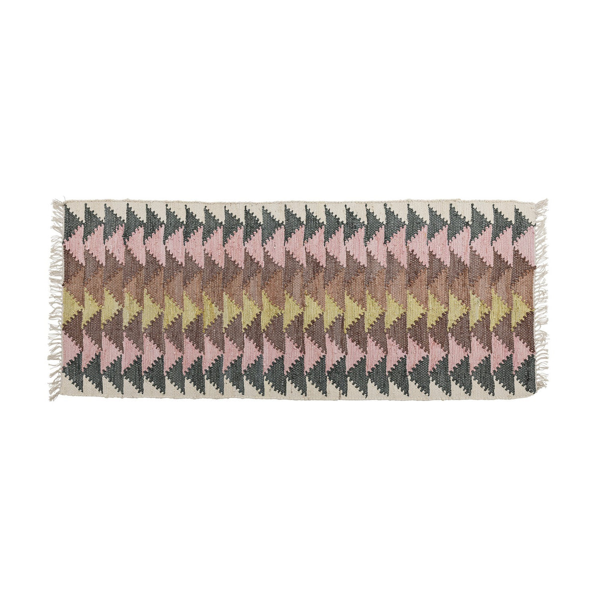 Desmond Geometric Cotton Rug, 180x80cm, with mirrored multicoloured triangle pattern in pink, green, and yellow, fringed edges, on a plain white background.