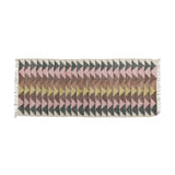 Desmond Geometric Cotton Rug, 180x80cm, with mirrored multicoloured triangle pattern in pink, green, and yellow, fringed edges, on a plain white background.