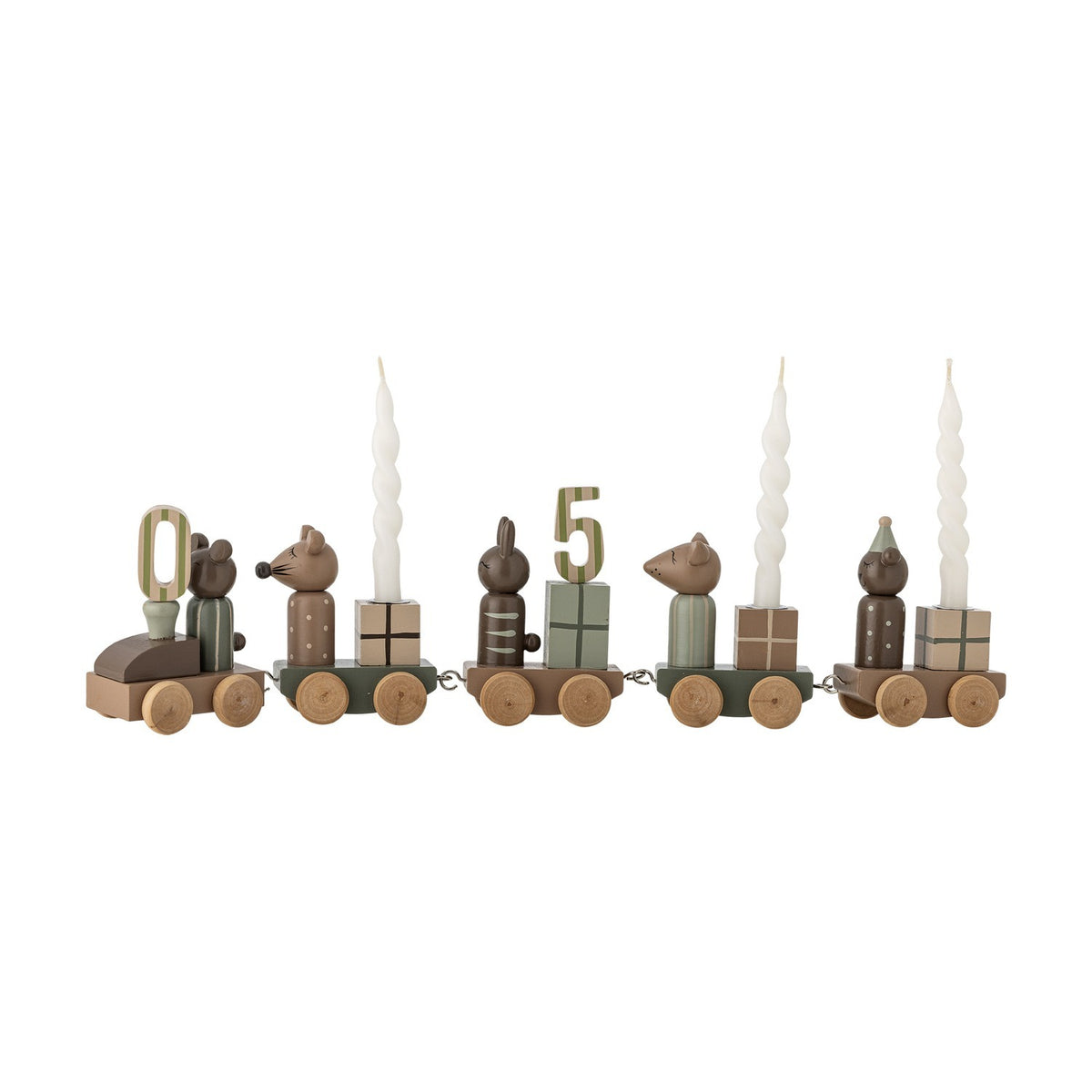 Junaid Dark Brown Birthday Decoration wooden train with mouse and rabbit figures, gift-block carriages, candle holders and number pegs, on a white background.