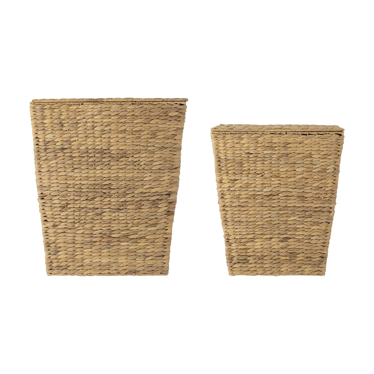 Mios Water Hyacinth Laundry Baskets Set of 2 in natural braided finish, tapered rectangular shape with hinged lids, shown on a plain white background.