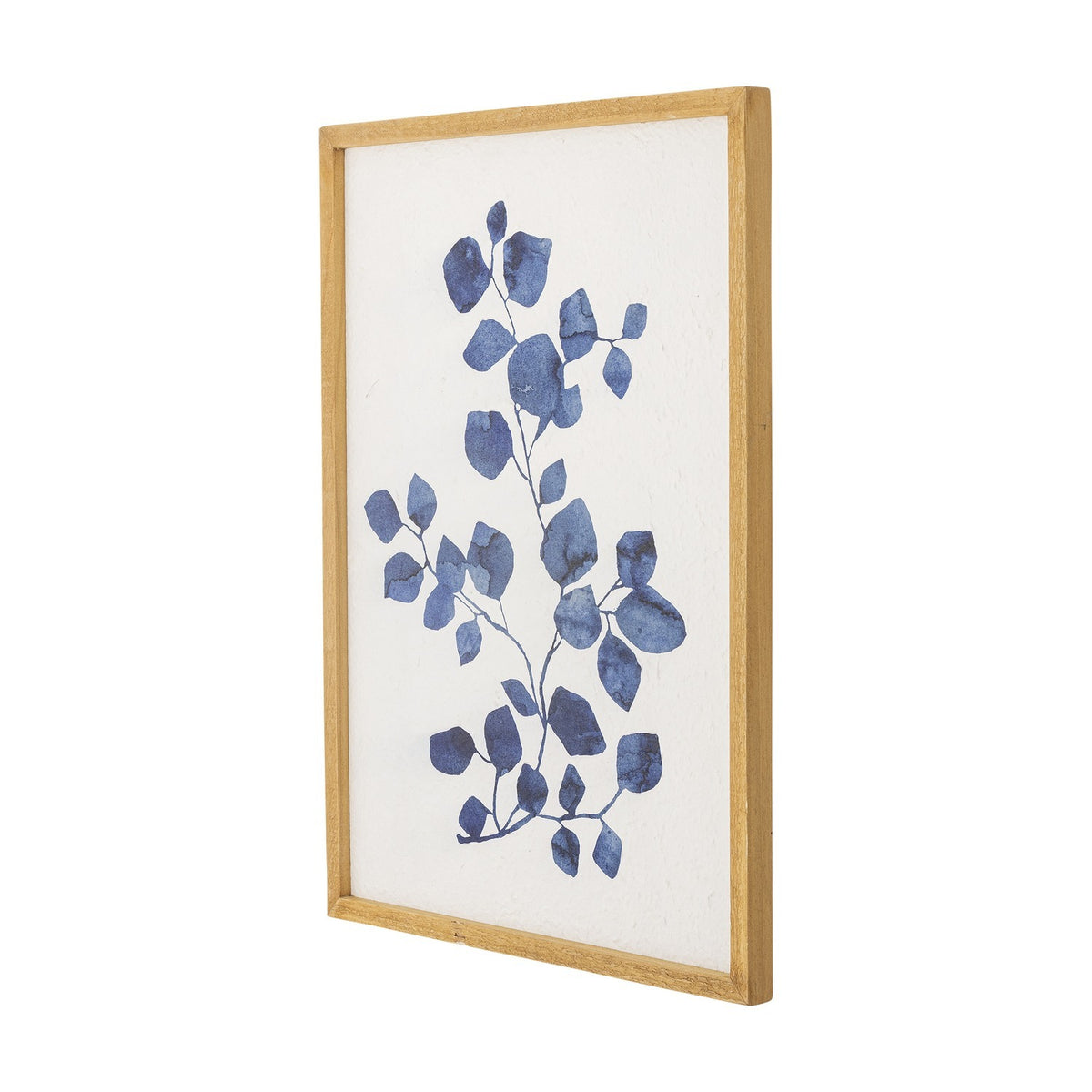 Gunnvor Wooden Wall Decor in Natural finish, a framed botanical print with a blue watercolour-style leaf branch on white paper, shown at an angle against a plain background.