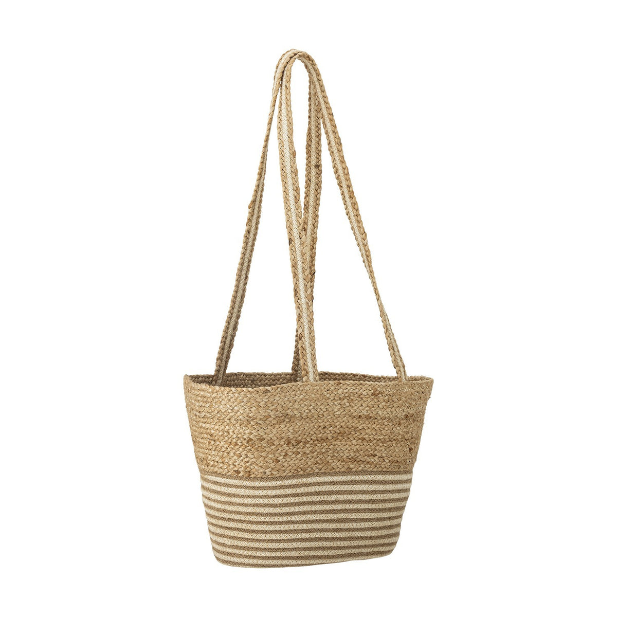 Simona Jute Shopping Bag in natural jute with chunky braided upper body, striped lower band, and long woven shoulder straps, shown against a plain white background.