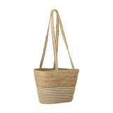Simona Jute Shopping Bag in natural jute with chunky braided upper body, striped lower band, and long woven shoulder straps, shown against a plain white background.