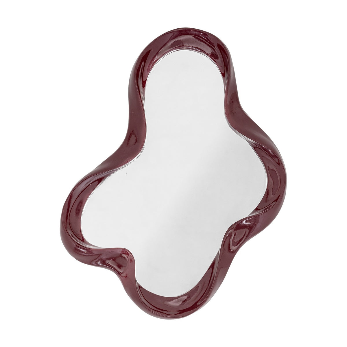 Violeta wall mirror with a glossy red resin frame rippling into soft rounded lobes around the glass, shown on a plain white background.