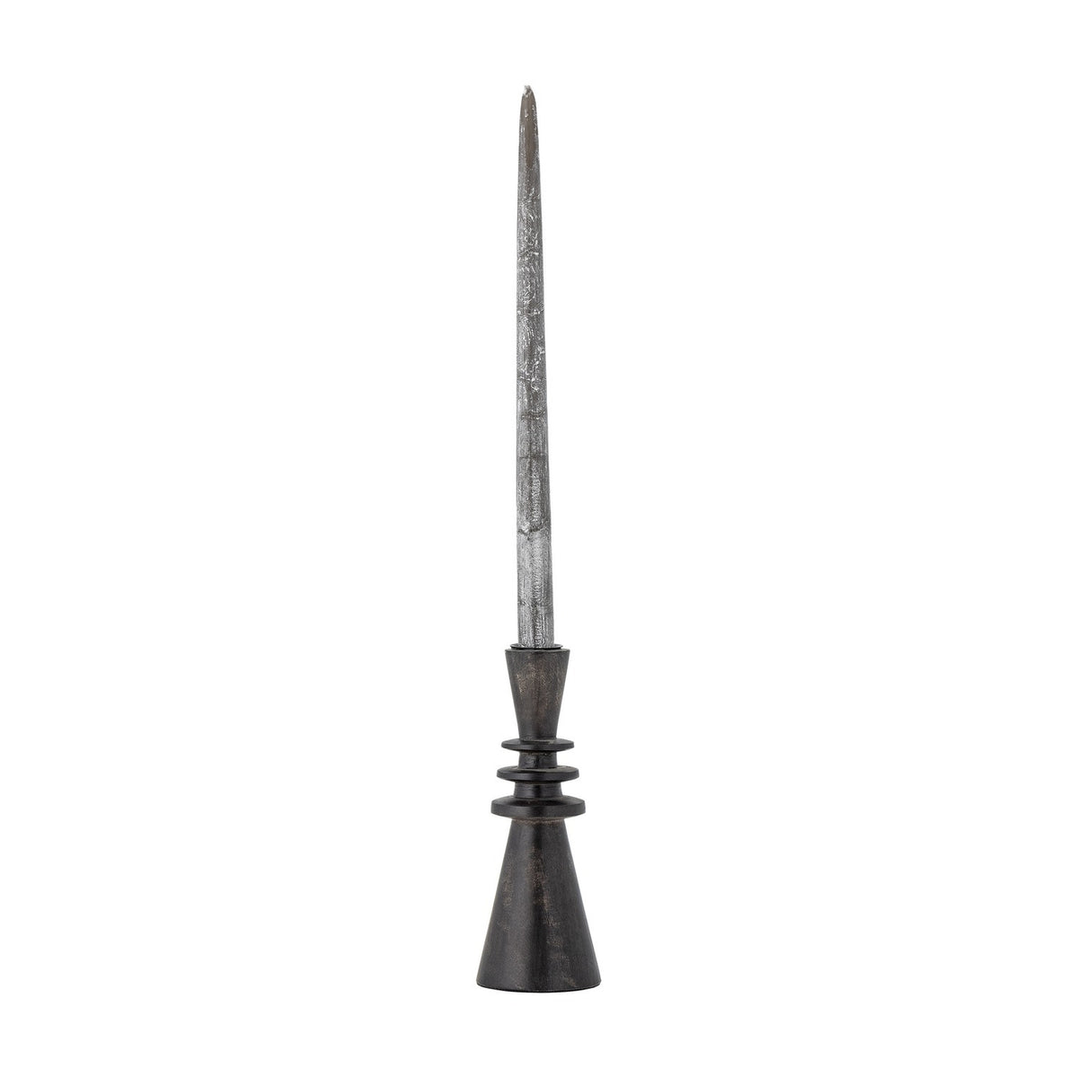 Armel Wooden Candle Holder in black mango wood, 20cm tall with a tapered cup, three stacked rings, and a flared conical base, holding a tall tapered candle against a white background.