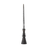 Armel Wooden Candle Holder in black mango wood, 20cm tall with a tapered cup, three stacked rings, and a flared conical base, holding a tall tapered candle against a white background.