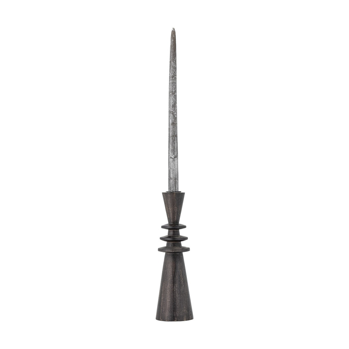 Armel Wooden Candle Holder 26cm in black mango wood, featuring a tall cone base, three stacked flat rings, and a smaller cone top holding a tapered candle, shown on a plain white background.