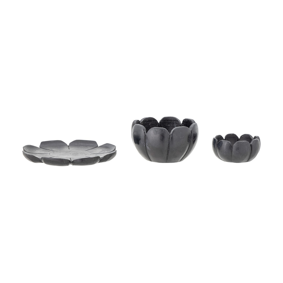 Reiko flower-shaped black marble tealight holders set of 3, featuring a petal-edged tray and two graduated petal bowls, shown on a white background.