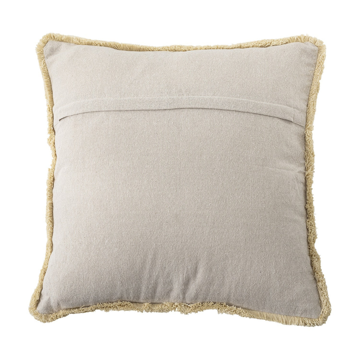 Poirino Cotton Cushion in Pink, showing the plain beige back with fringed edging and a centre zip opening, photographed on a white background.