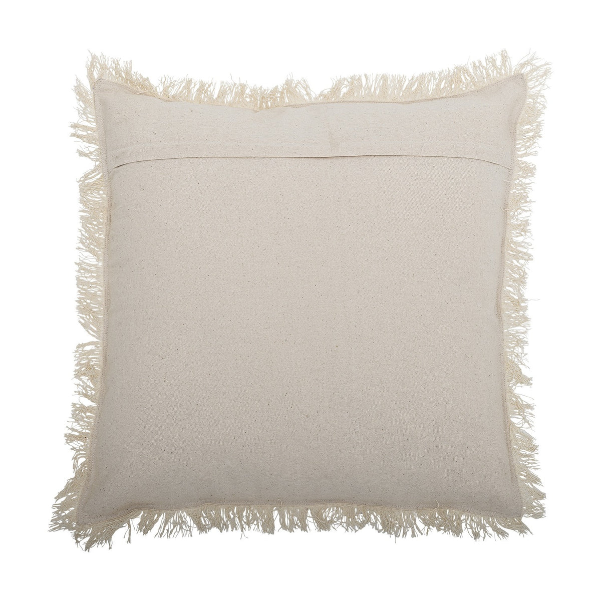 Pogni Floral Cotton Cushion in Natural, square 100% cotton cover with plain back, concealed closure, and loose fringe trim on all edges, shown against a white background.