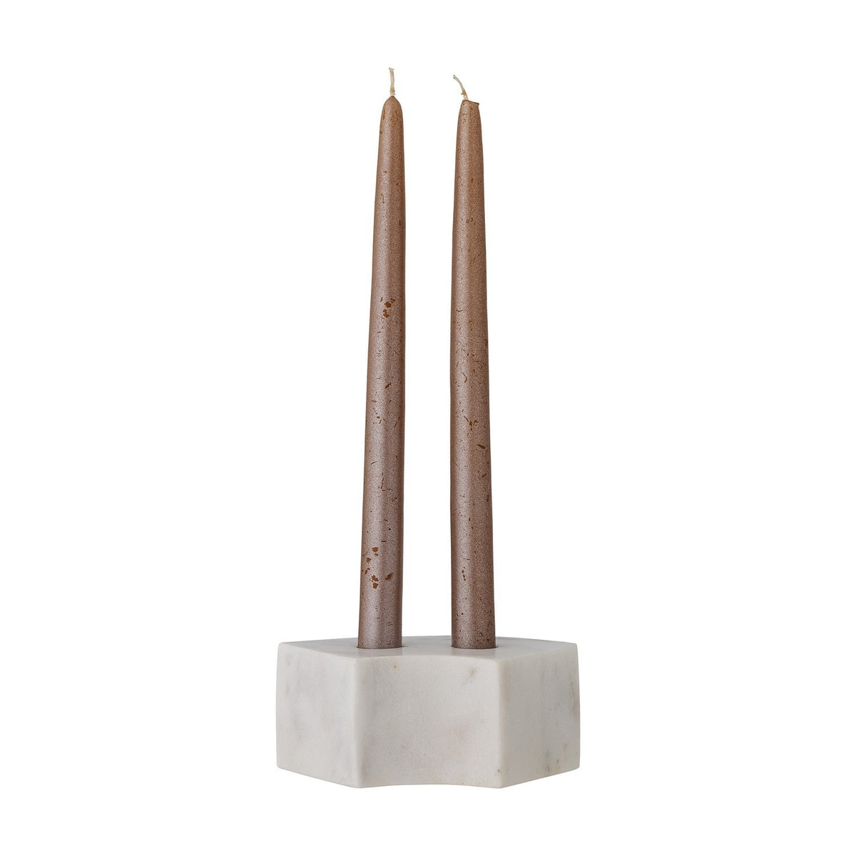 Florida Marble Candle Holder in white, a curved low block holding two tall brown taper candles, shown on a plain white background.