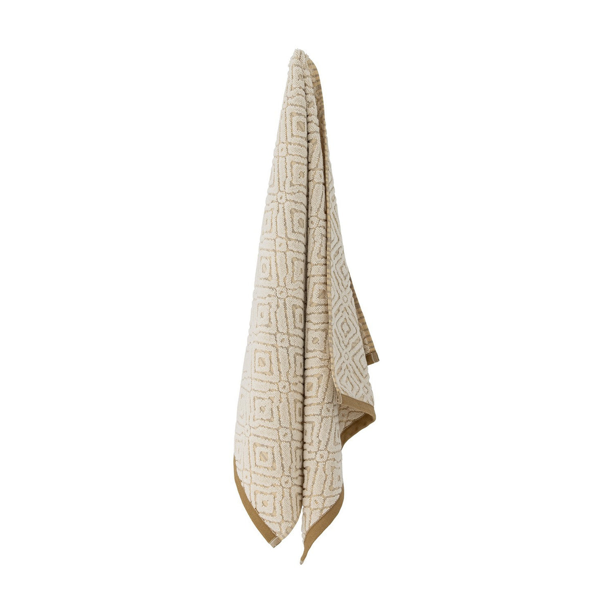 Malou Cotton Towel in Natural hanging against a white background, showing a woven geometric diamond pattern in cotton with a mustard-coloured border edge.