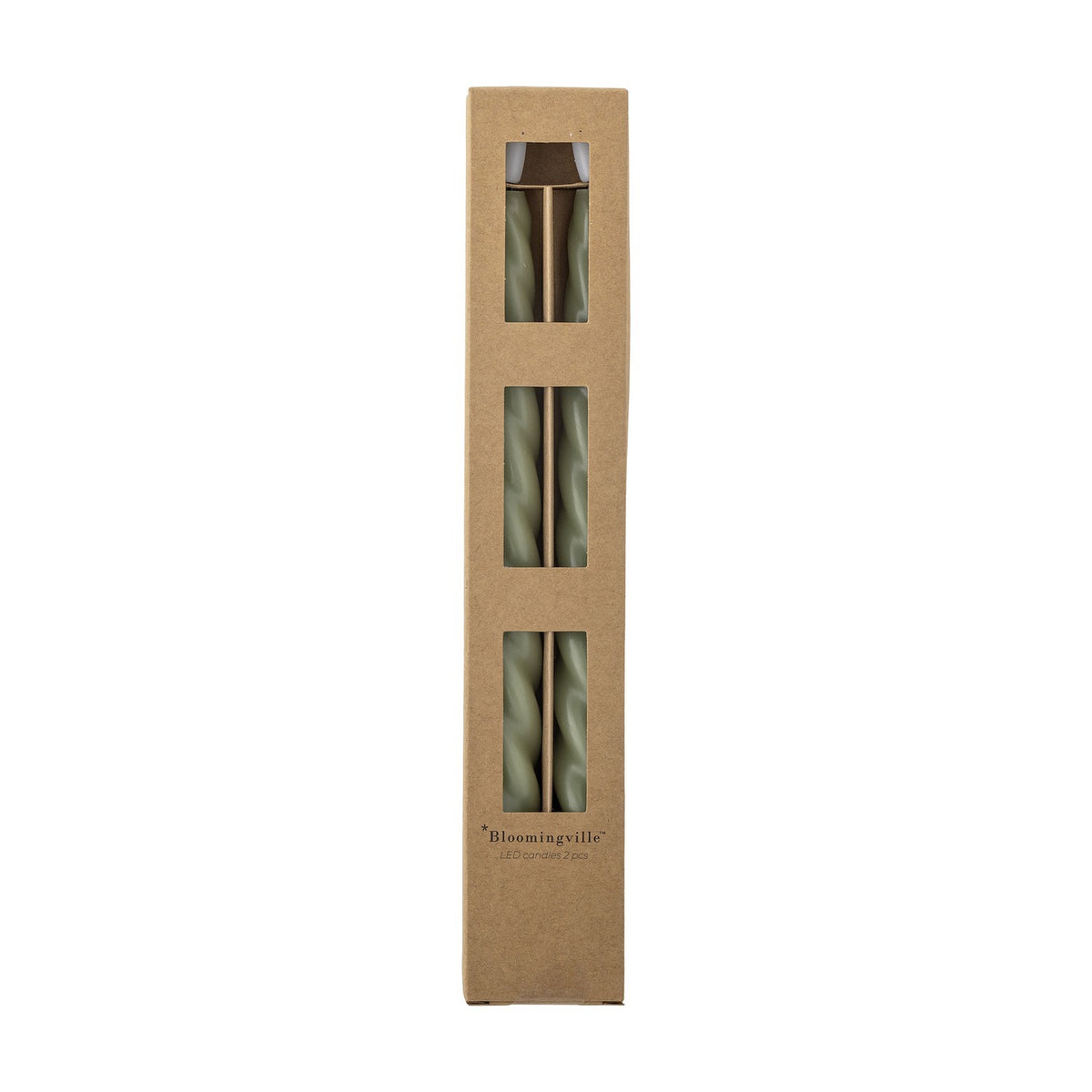 Ponza LED Candles Pack of 2 in green, tall spiral-twist taper design with fluted base, shown in kraft packaging on a plain white background.