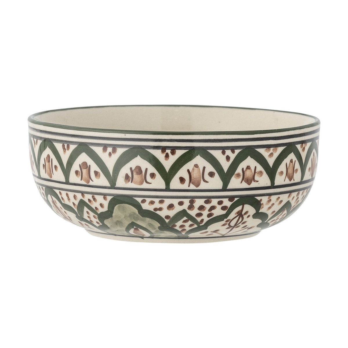 Karlie Stoneware Bowl 15cm in green, round ceramic bowl with hand-painted arch and dot patterned band, scalloped detail, green rim, plain glazed interior, on a white background.