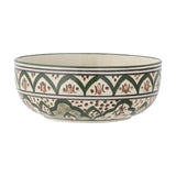 Karlie Stoneware Bowl 15cm in green, round ceramic bowl with hand-painted arch and dot patterned band, scalloped detail, green rim, plain glazed interior, on a white background.