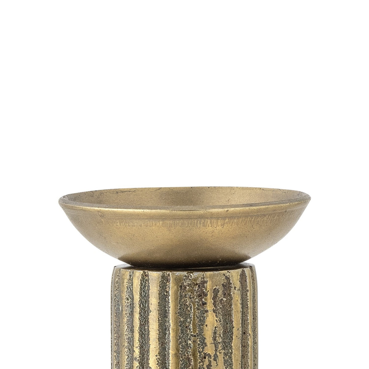 Fargo Iron Candle Cuff in Gold, a shallow round dish atop a vertically ribbed candlestick column, shown in close-up on a plain white background.