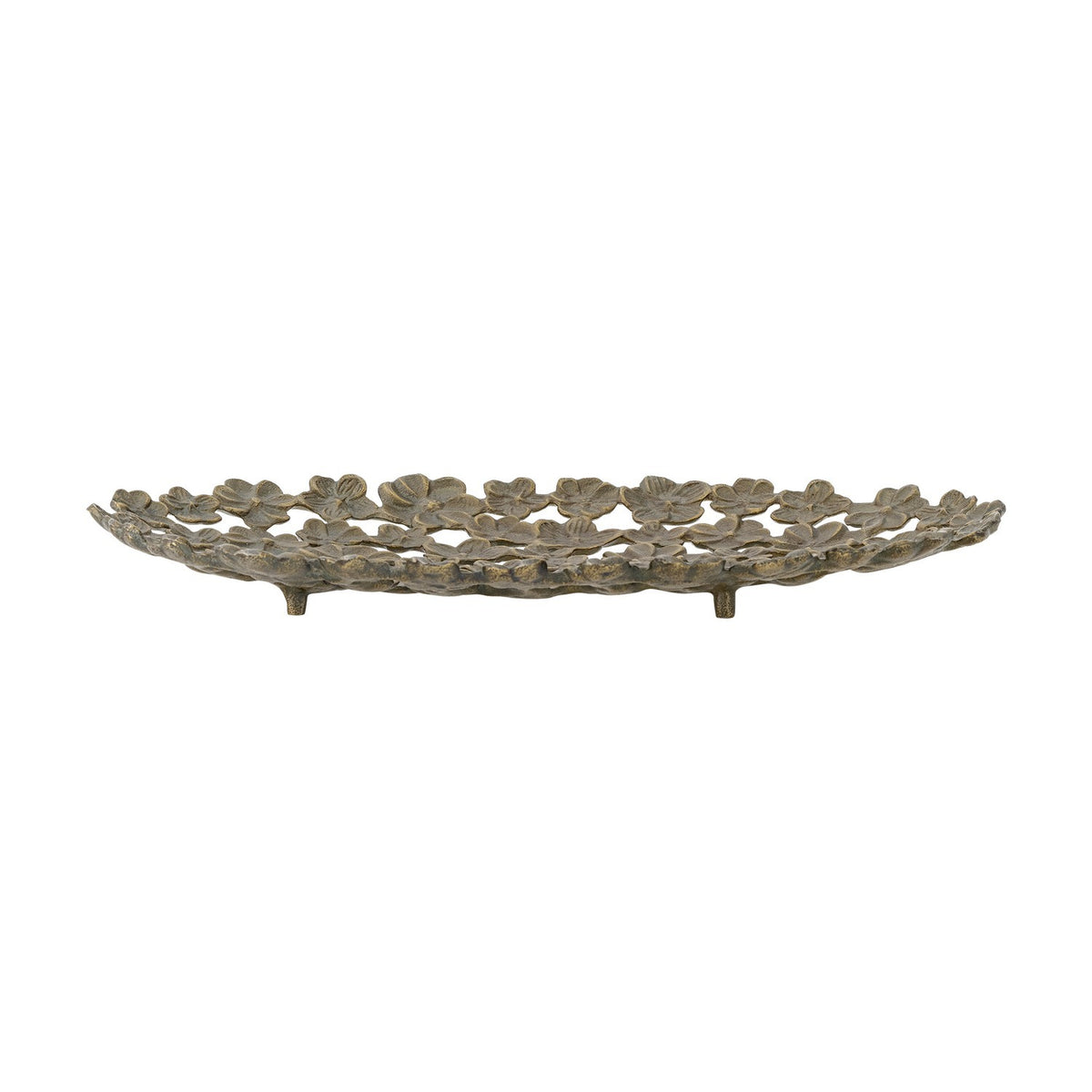 Micha Aluminium Tray in brass, an oval footed dish with an open lattice of layered flower shapes, shown on a plain white background.