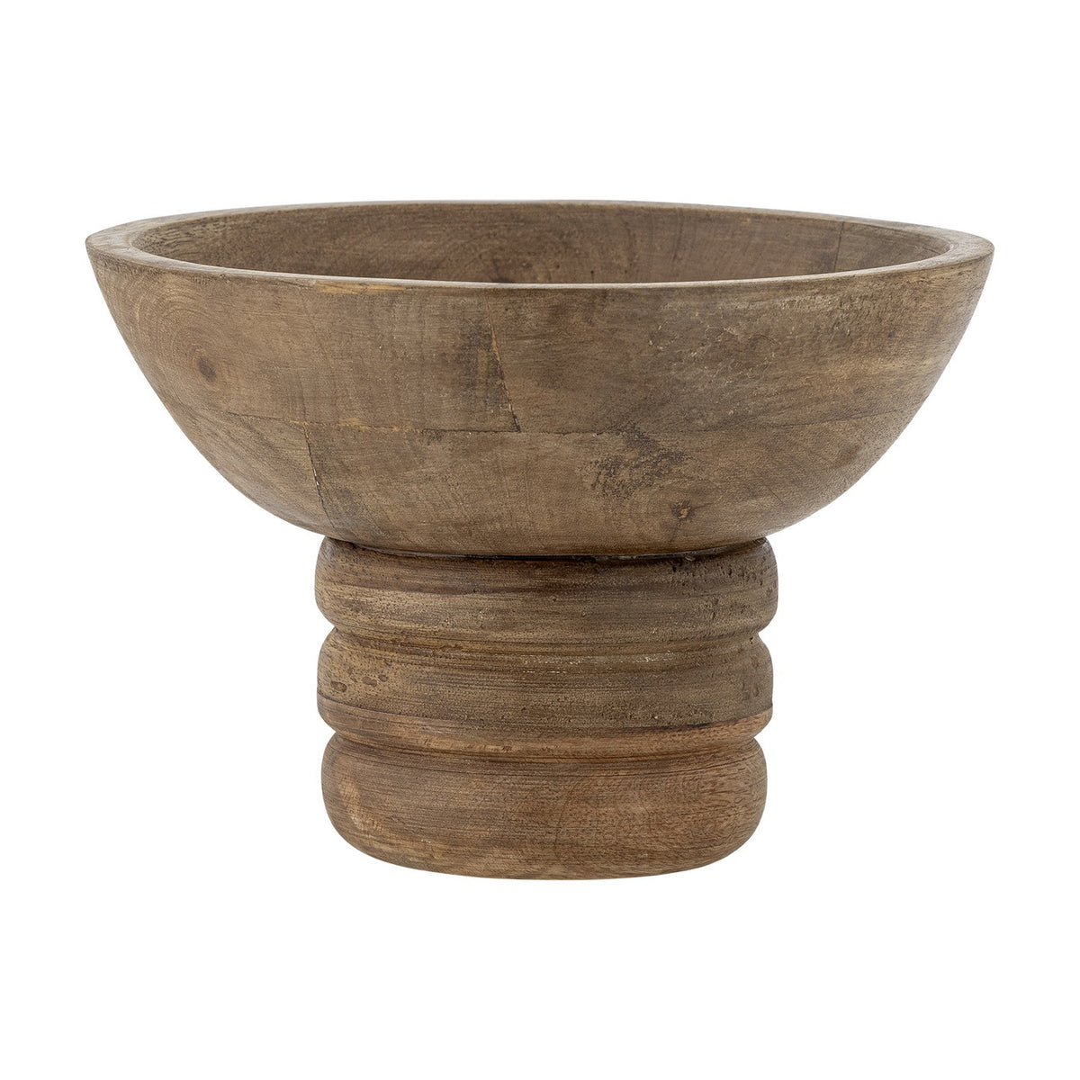 Nanuka Round Wooden Pedestal Bowl 20.5cm in brown mango wood, featuring a wide open bowl on a ringed, stacked pedestal base, shown on a plain white background.