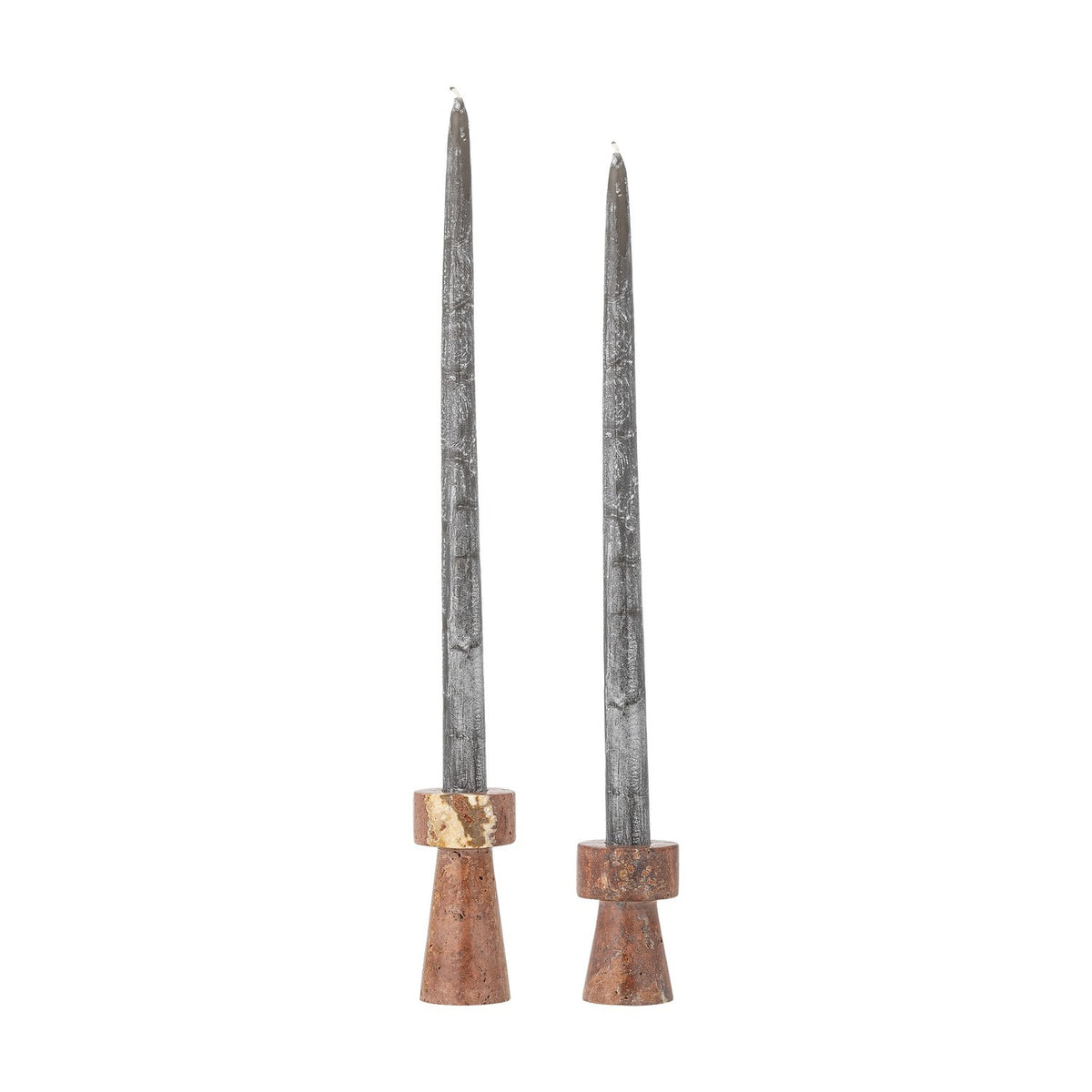Anneli travertine candle holders, set of 2 in brown stone with tapered conical bases and round collars, shown in two heights holding tall grey taper candles on a white background.