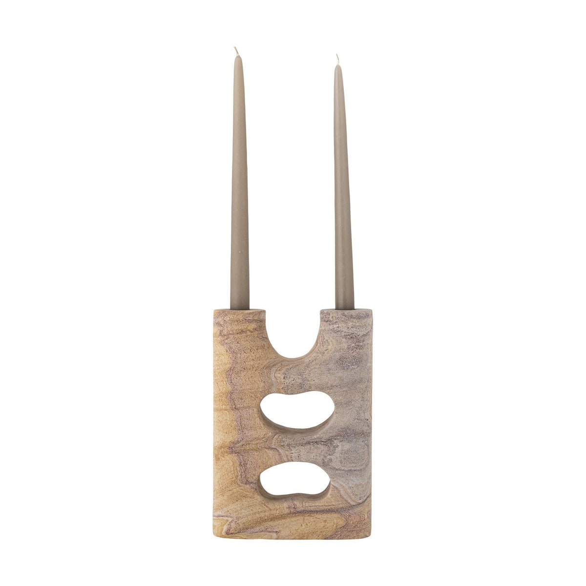 Lodi Marbled Sandstone Candle Holder in beige with two upright arms holding taper candles, a rounded central notch, and two pebble-shaped cut-through openings, shown on a plain white background.