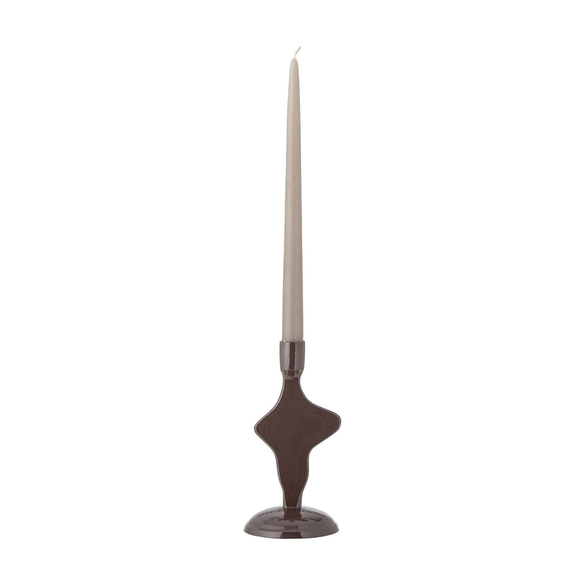 Cidra Aluminium Candle Holder in brown, a small abstract taper candle holder with glossy powder-coated finish and domed round base, shown with a beige candle on a white background.