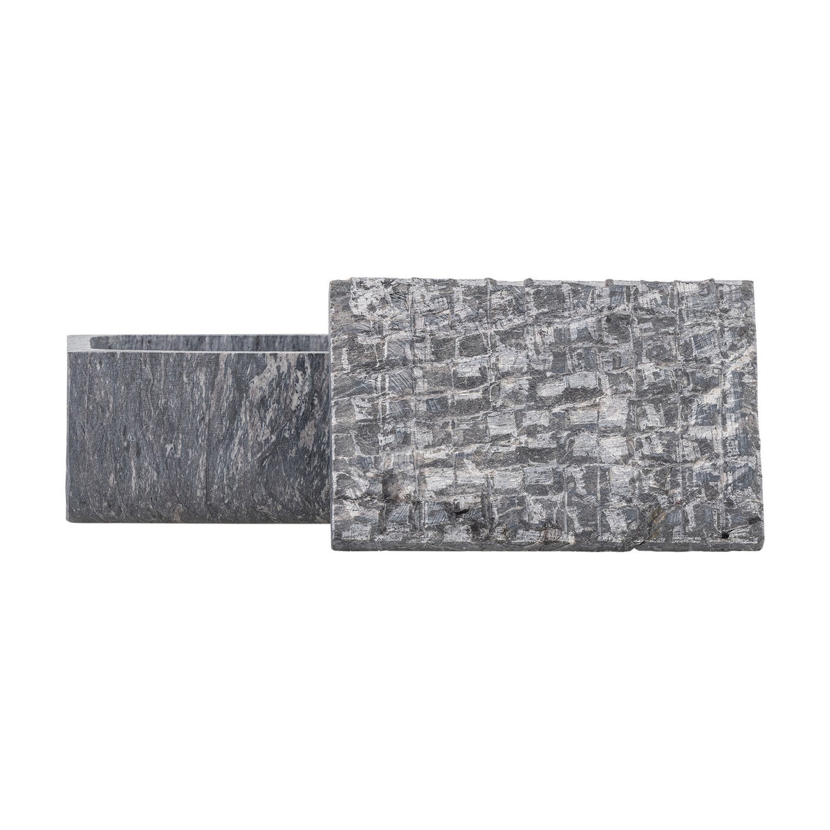 Nubia Soapstone Storage Box with Lid in grey, featuring a smooth veined base and a textured, grid-patterned lid, shown open on a plain white background.