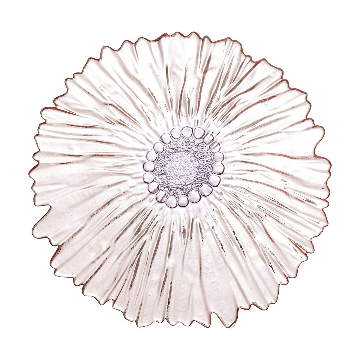 Mariko Flower Glass Bowl 31cm in pink, shaped like a bloom with ridged petal grooves, a ruffled wavy rim, and a beaded ring around a textured centre, on a white background.