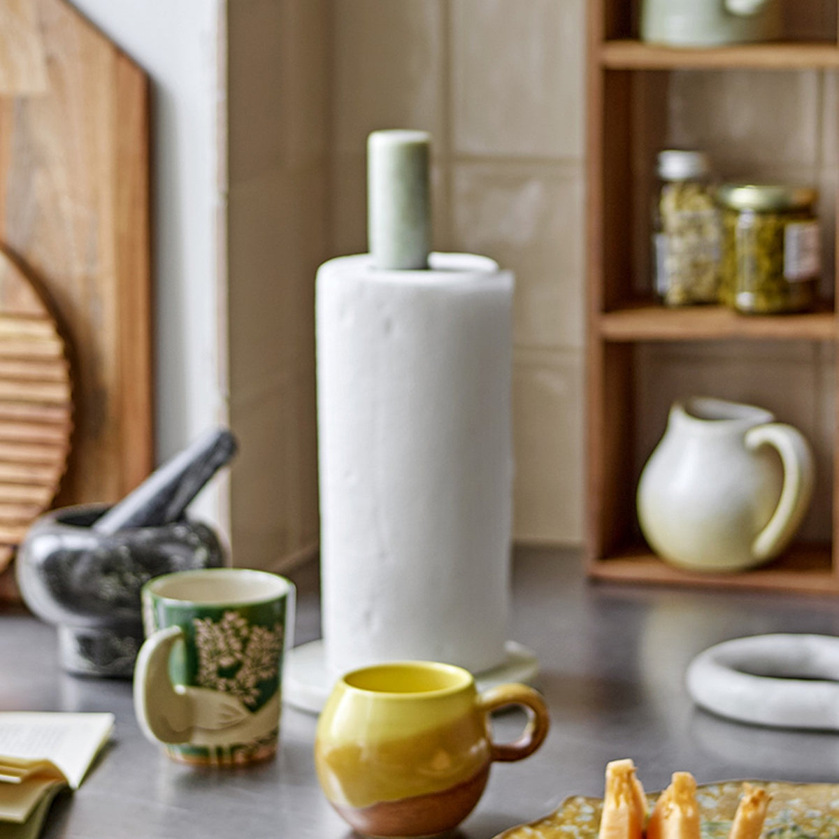 Emy Round Marble Kitchen Roll Holder - Green