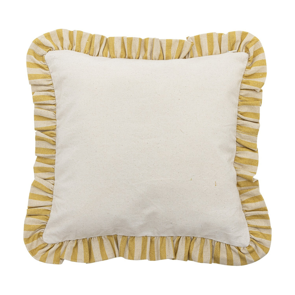 Camila Striped Cotton Cushion in yellow, square with a plain cream front and a gathered yellow and cream striped ruffle trim, shown on a white background.