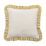 Camila Striped Cotton Cushion in yellow, square with a plain cream front and a gathered yellow and cream striped ruffle trim, shown on a white background.