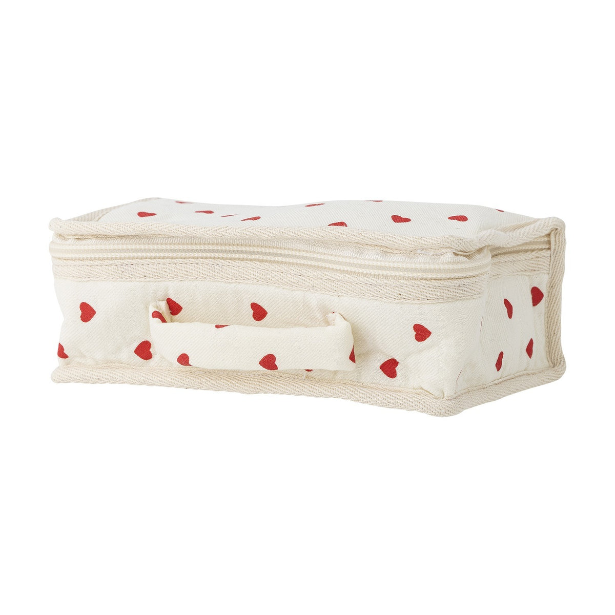 Fabric carry case with zip closure and handle, cream with red heart print, for Lara Cotton Rag Doll, shown on a plain white background.