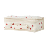 Fabric carry case with zip closure and handle, cream with red heart print, for Lara Cotton Rag Doll, shown on a plain white background.