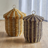Cikkeline Striped Seagrass Baskets with Lids, set of two, tapered tent-shaped lids with scalloped trim and woven loop handles, in orange and purple striped seagrass, shown on a wooden floor.