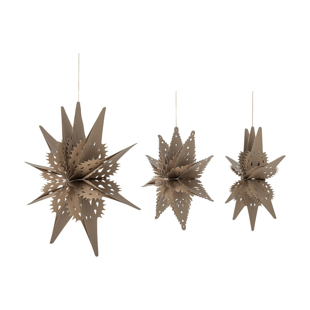 Ilo Paper Christmas Stars Set of 3 in brown, three layered star-shaped hanging decorations with tapering points and cut-out details, shown in varying sizes on a plain white background.